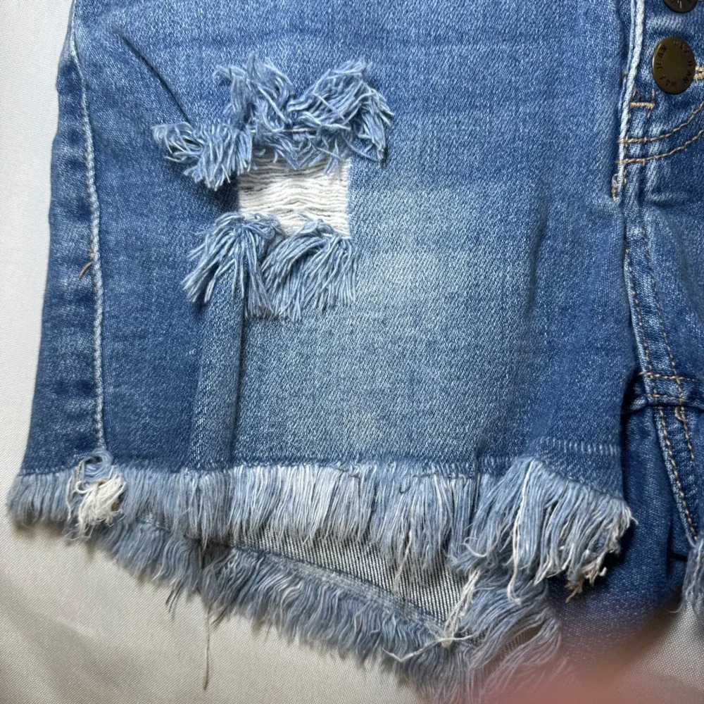 WAX Jean Los Angeles Distressed High Waisted Button Fly Denim Shorts Medium Wash